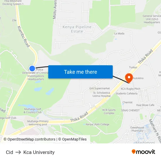 Cid to Kca University map