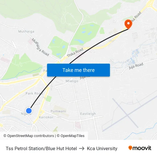 Tss Petrol Station/Blue Hut Hotel to Kca University map