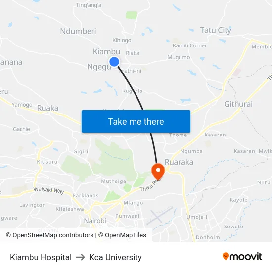 Kiambu Hospital to Kca University map