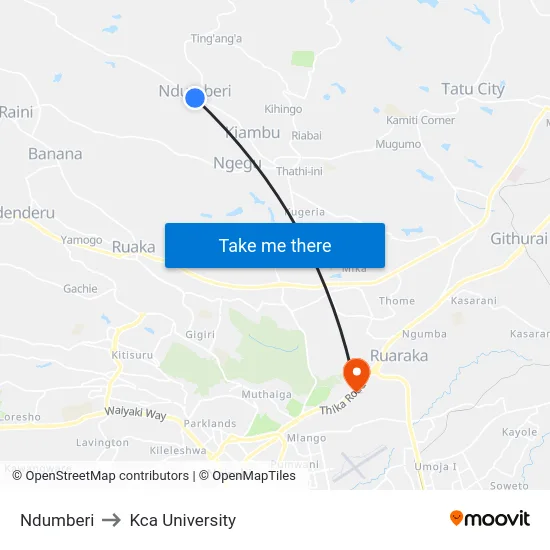 Ndumberi to Kca University map
