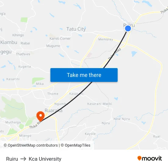 Ruiru to Kca University map