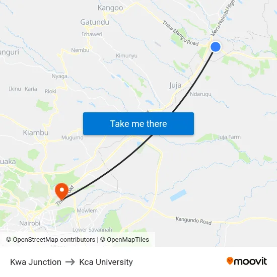 Kwa Junction to Kca University map