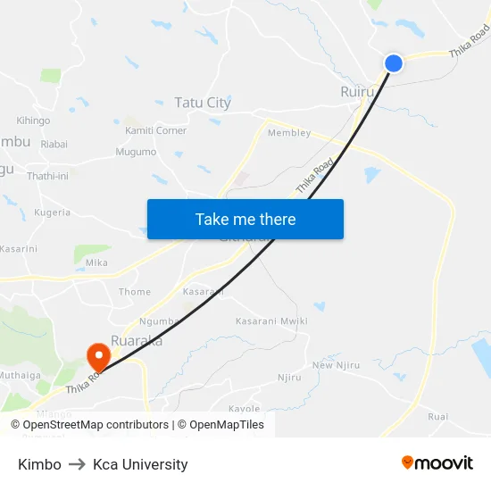 Kimbo to Kca University map