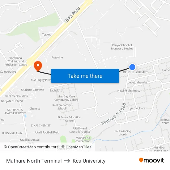 Mathare North Terminal to Kca University map