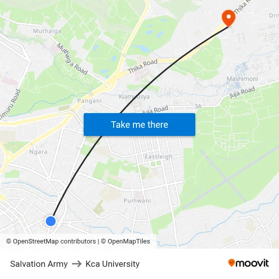 Salvation Army to Kca University map