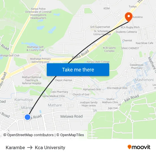 Karambe to Kca University map