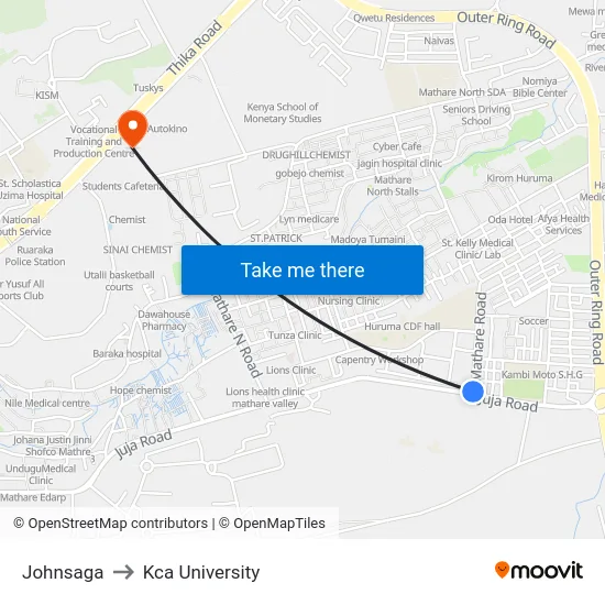 Johnsaga to Kca University map