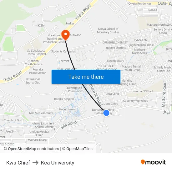 Kwa Chief to Kca University map