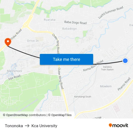Tononoka to Kca University map