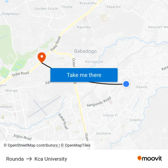 Rounda to Kca University map