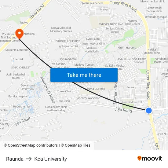 Raunda to Kca University map