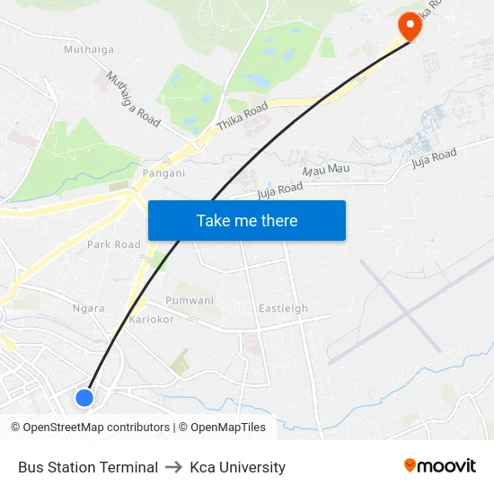 Bus Station Terminal to Kca University map