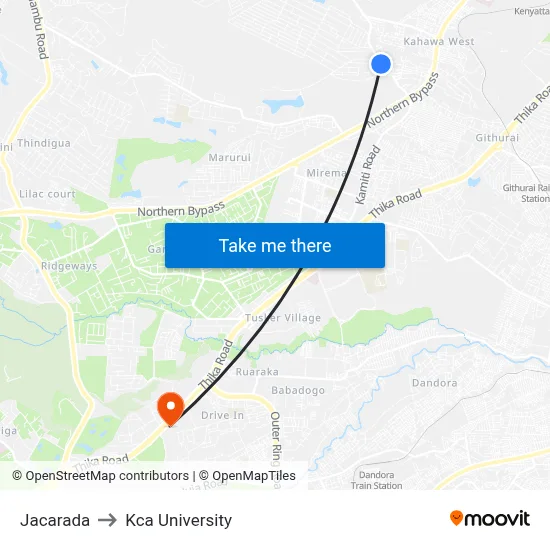 Jacarada to Kca University map