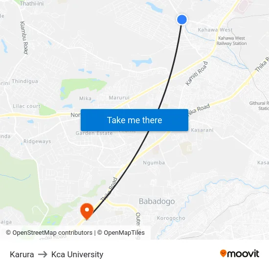 Karura to Kca University map