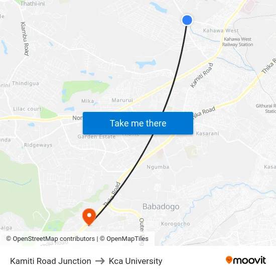 Kamiti Road Junction to Kca University map