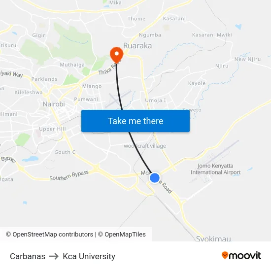 Carbanas to Kca University map