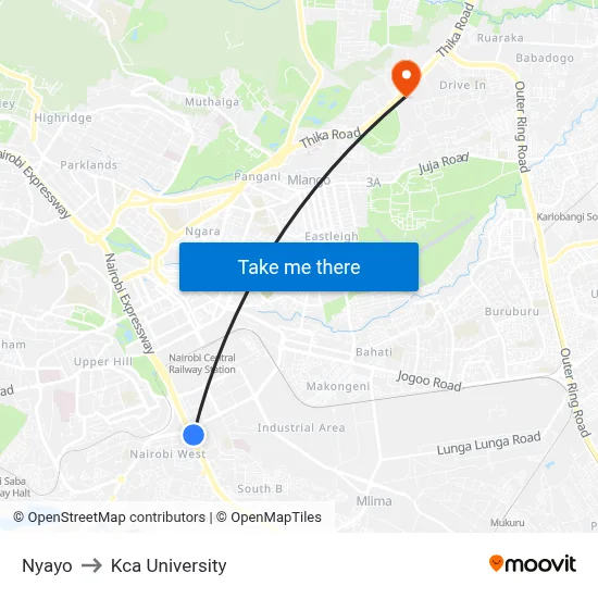 Nyayo to Kca University map