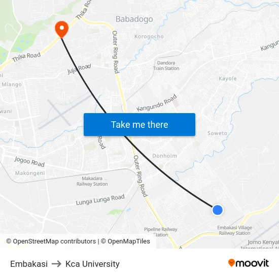 Embakasi to Kca University map