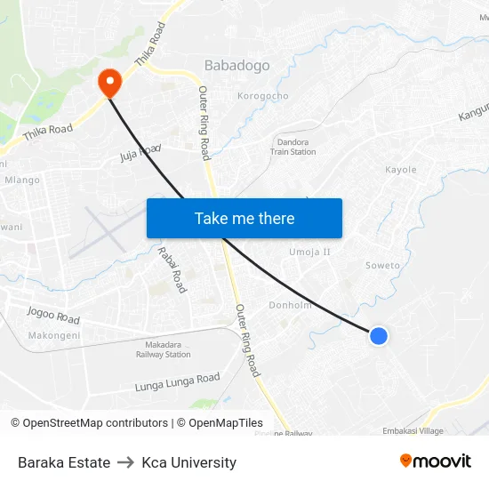 Baraka Estate to Kca University map