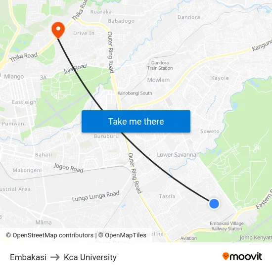 Embakasi to Kca University map