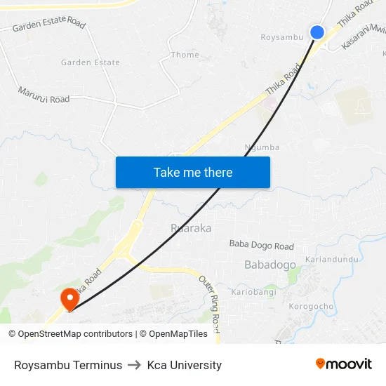Roysambu Terminus to Kca University map