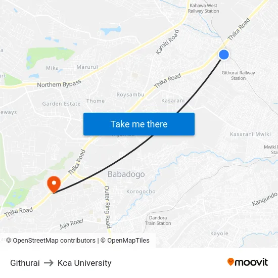 Githurai to Kca University map