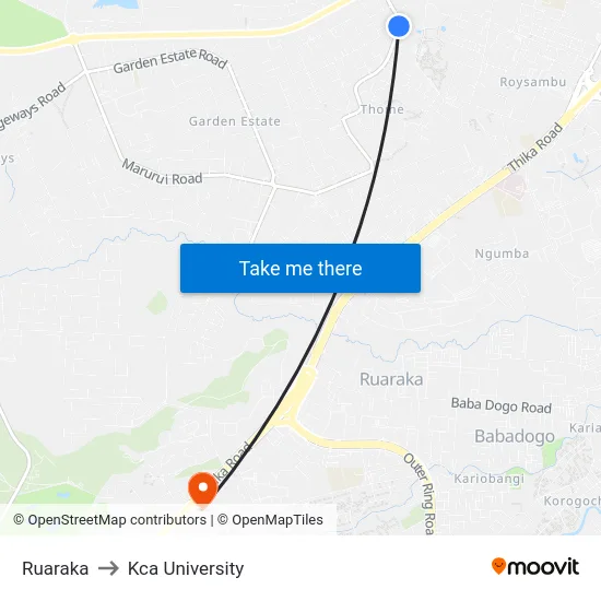 Ruaraka to Kca University map