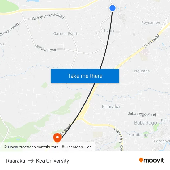 Ruaraka to Kca University map