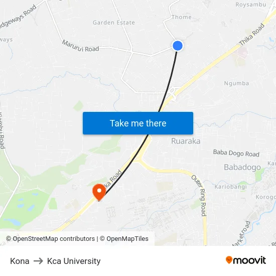 Kona to Kca University map