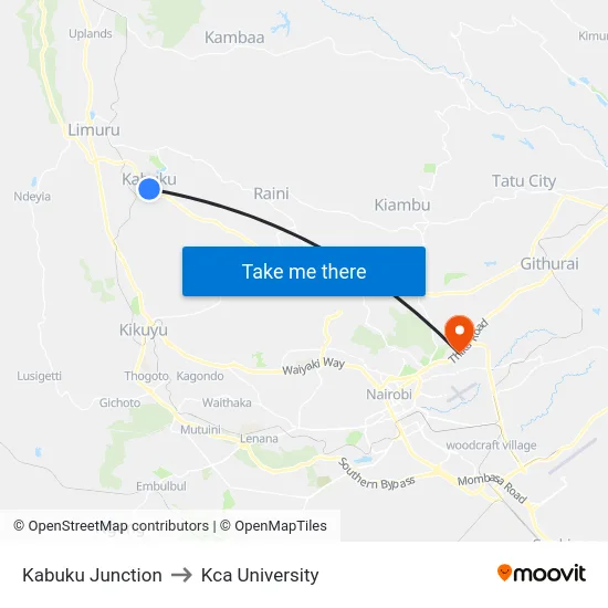 Kabuku Junction to Kca University map