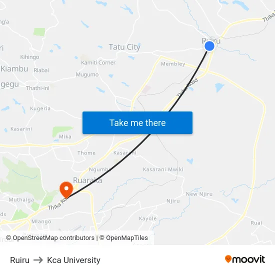 Ruiru to Kca University map