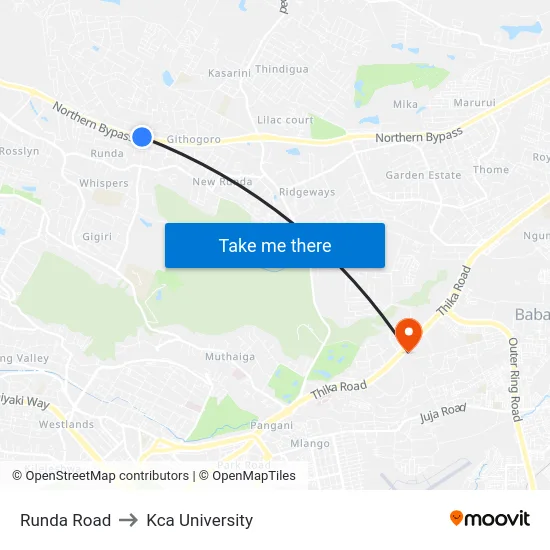 Runda Road to Kca University map