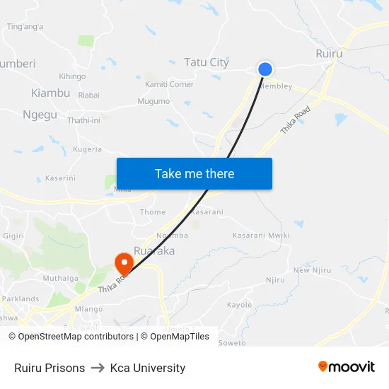 Ruiru Prisons to Kca University map