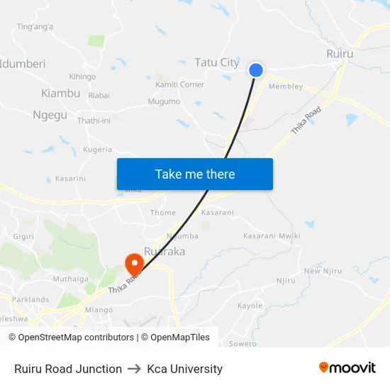 Ruiru Road Junction to Kca University map