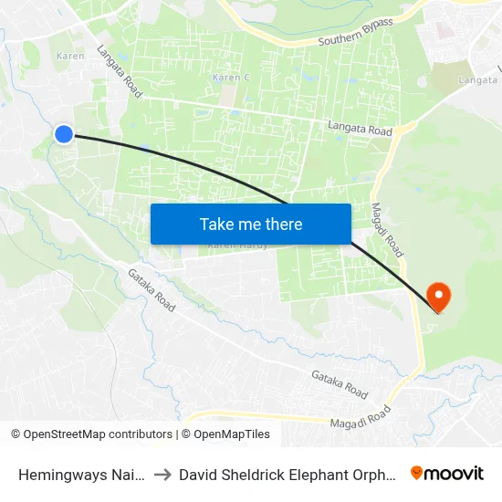 Hemingways Nairobi to David Sheldrick Elephant Orphanage map