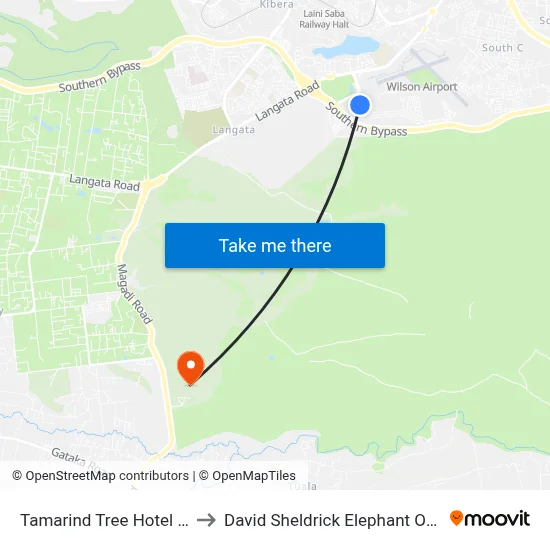Tamarind Tree Hotel Nairobi to David Sheldrick Elephant Orphanage map