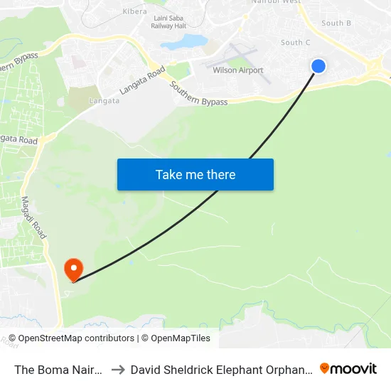 The Boma Nairobi to David Sheldrick Elephant Orphanage map
