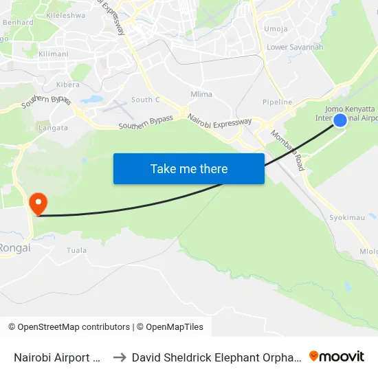 Nairobi Airport NBO to David Sheldrick Elephant Orphanage map
