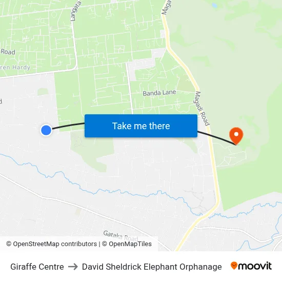 Giraffe Centre to David Sheldrick Elephant Orphanage map