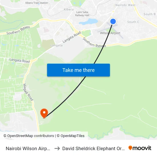 Nairobi Wilson Airport WIL to David Sheldrick Elephant Orphanage map