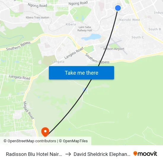 Radisson Blu Hotel Nairobi Upperhill to David Sheldrick Elephant Orphanage map