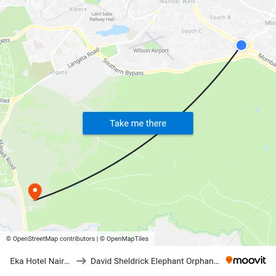Eka Hotel Nairobi to David Sheldrick Elephant Orphanage map