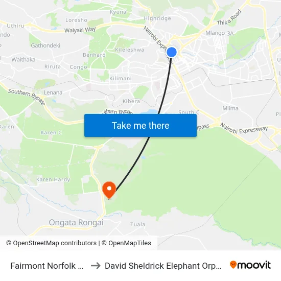 Fairmont Norfolk Hotel to David Sheldrick Elephant Orphanage map