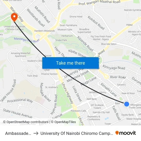 Ambassadeur to University Of Nairobi Chiromo Campus map
