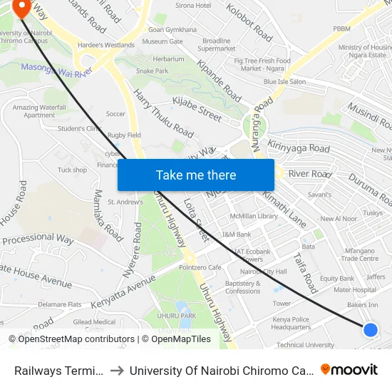 Railways Terminus to University Of Nairobi Chiromo Campus map