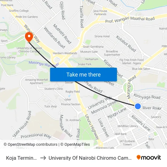 Koja Terminus to University Of Nairobi Chiromo Campus map