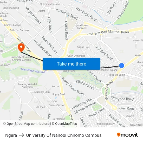 Ngara to University Of Nairobi Chiromo Campus map