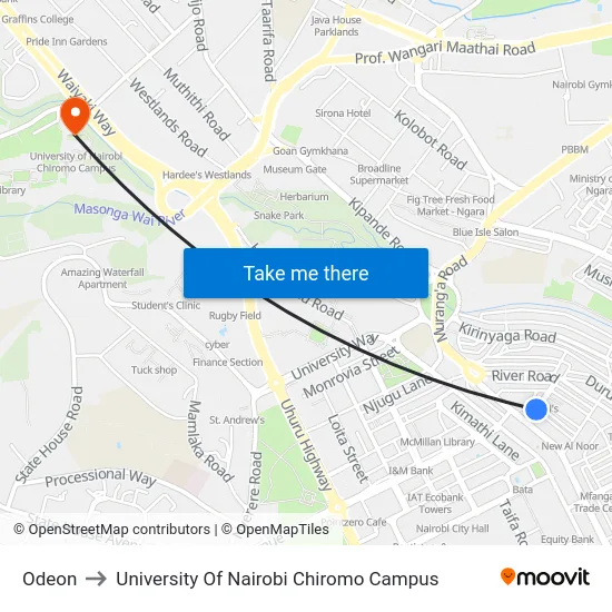 Odeon to University Of Nairobi Chiromo Campus map