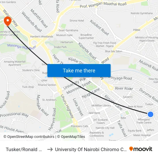 Tusker/Ronald Ngala to University Of Nairobi Chiromo Campus map