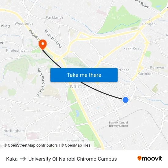 Kaka to University Of Nairobi Chiromo Campus map